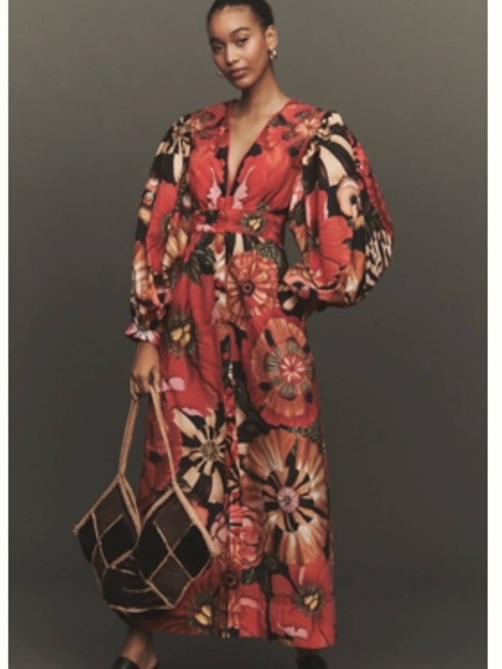 FARM Rio Red Floral Balloon-Sleeve Maxi Dress